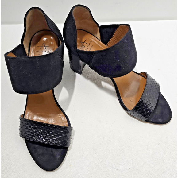 Aquatalia Suzanne Heeled Dress Sandals Suede/Embossed Snakeskin Sz 6.5 B Italy - Picture 1 of 9